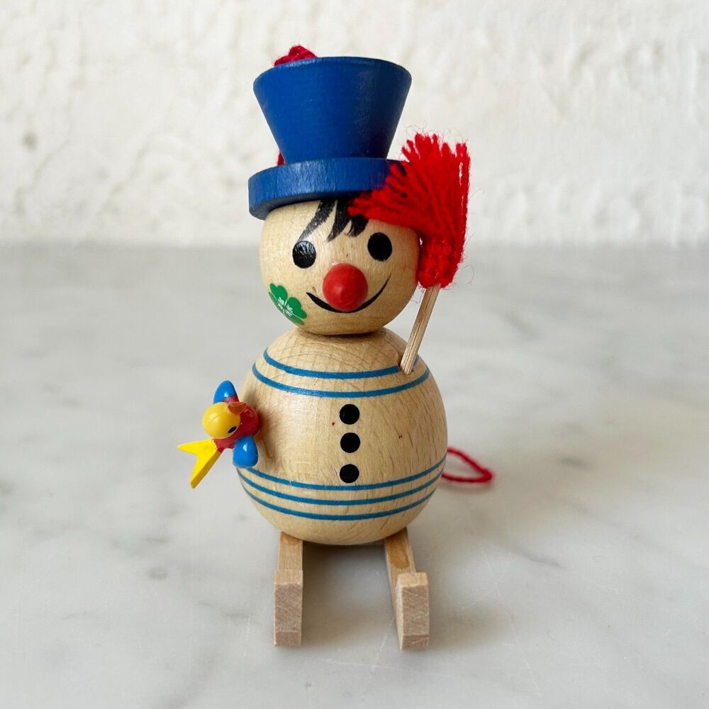 Vintage Steinbach Wooden Christmas Ornament Snowman on Skis Bird-Broom-Clover
